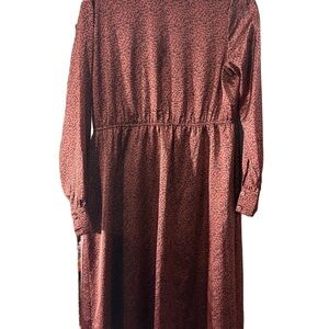 Story Satin Floral Midi Dress L Maroon Black Leaf Print Long Sleeve Dress